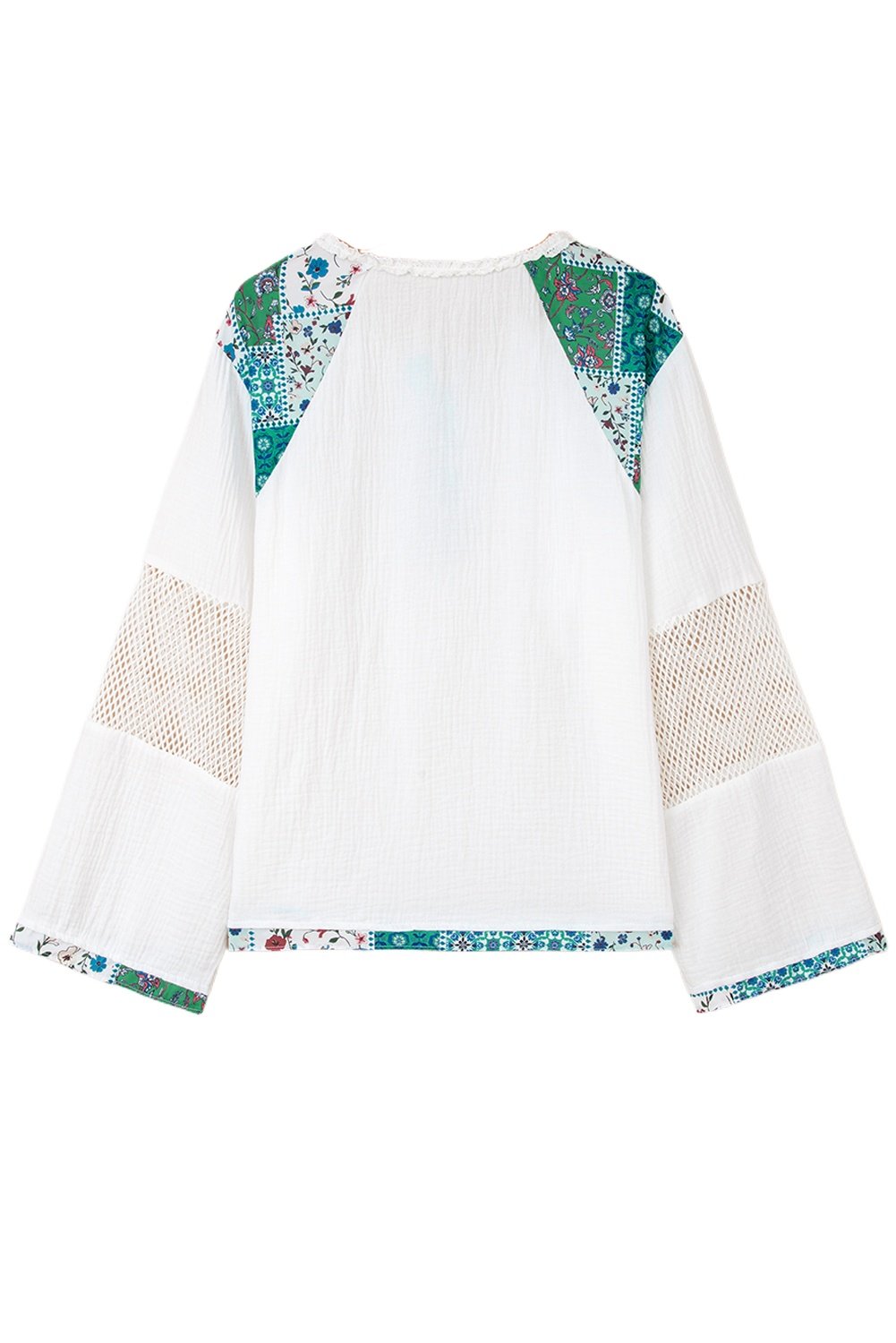 Women's White Color Block Half Button Blouse with Plant Mesh Patchwork - Main View Women's White Color Block Half Button Blouse with Plant Mesh Patchwork - Main View