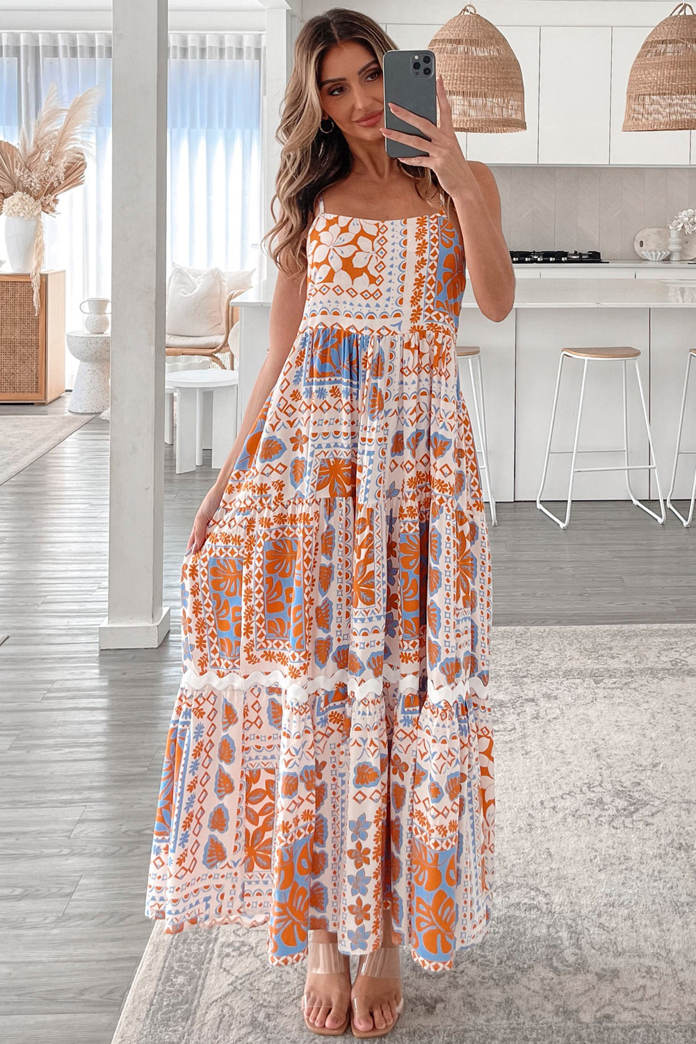Bohemian Style Floral Maxi Dress - Flowy Fit with Sleeveless Spaghetti Straps - Detail View 6 Bohemian Style Floral Maxi Dress - Flowy Fit with Sleeveless Spaghetti Straps - Detail View 6