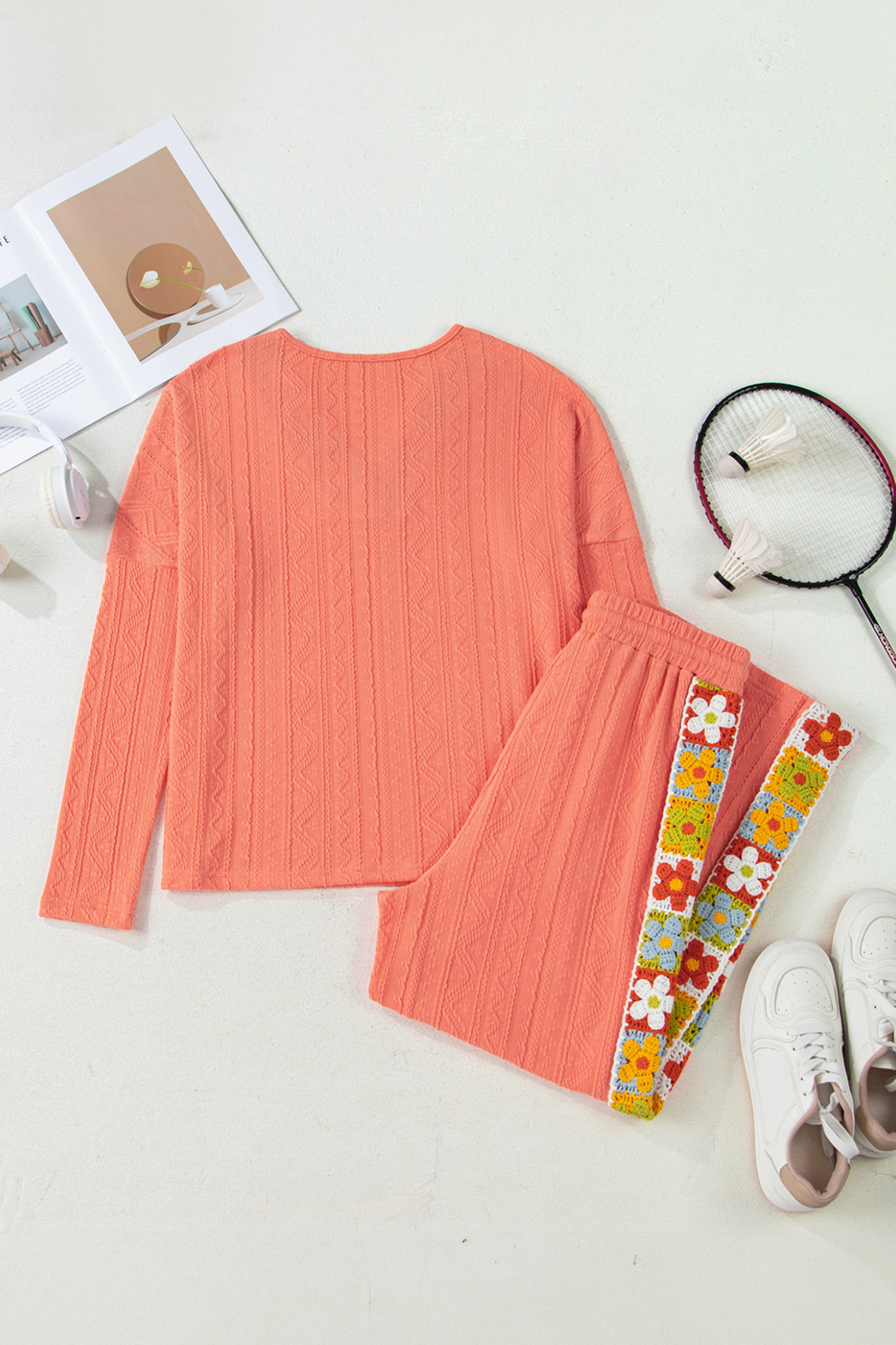 Chic Grapefruit Orange Textured Pants Set for Women – Ideal for Daily Wear and Leisure - Detail View 5 Chic Grapefruit Orange Textured Pants Set for Women – Ideal for Daily Wear and Leisure - Detail View 5