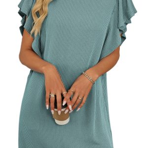 Women's Canton Green Corded Ruffle Sleeve Crew Neck Shift Dress - Main View