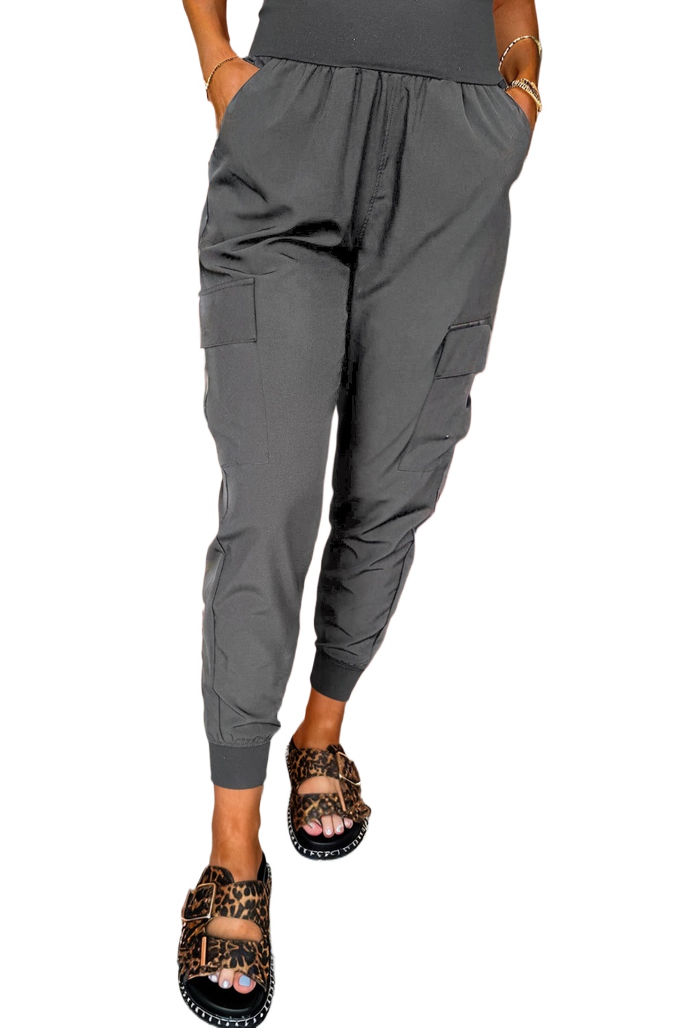 Women's Medium Grey Elastic High Waist Cargo Jogger Pants – Versatile Casual Style for Daily Wear - Main View Women's Medium Grey Elastic High Waist Cargo Jogger Pants – Versatile Casual Style for Daily Wear - Main View