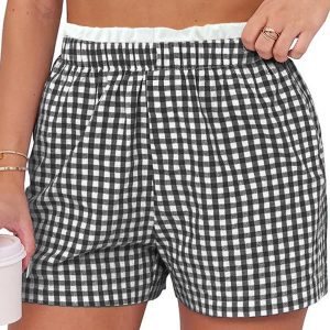 Plus Size Women's Black Plaid Print Shorts with Contrast Trim – Casual Summer Style - Main View