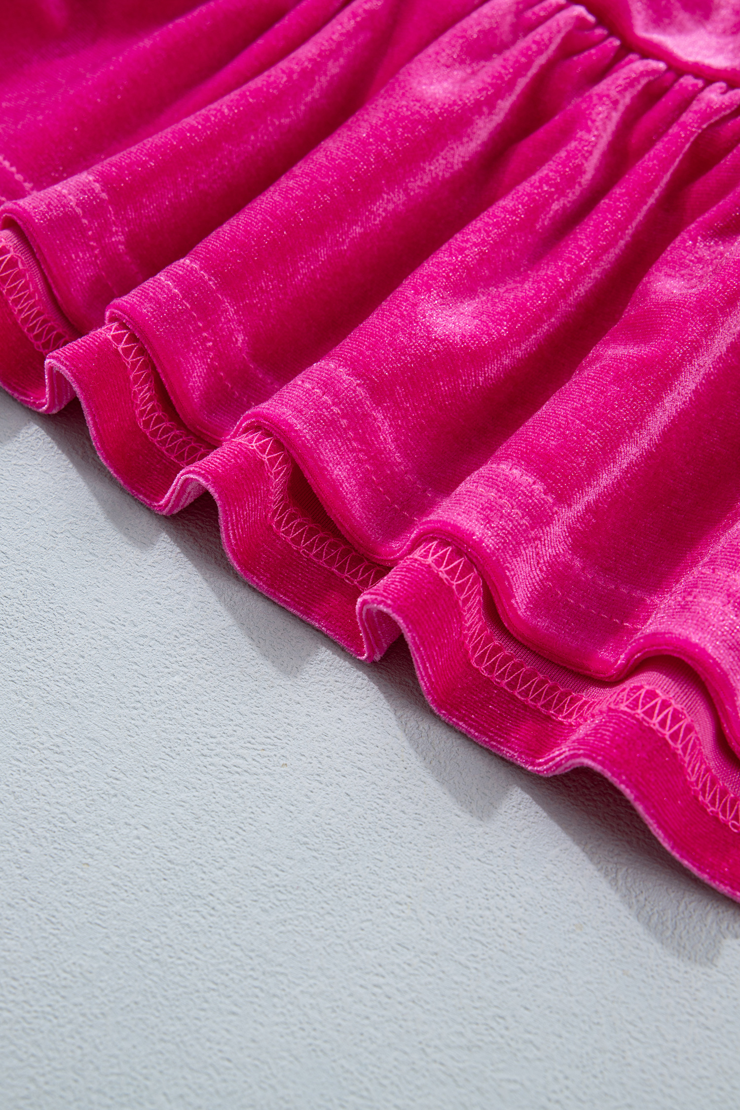 Soft Pink Velvet Long Sleeve Tee, Casual Ruffled Hem Blouse - Detail View 6 Soft Pink Velvet Long Sleeve Tee, Casual Ruffled Hem Blouse - Detail View 6