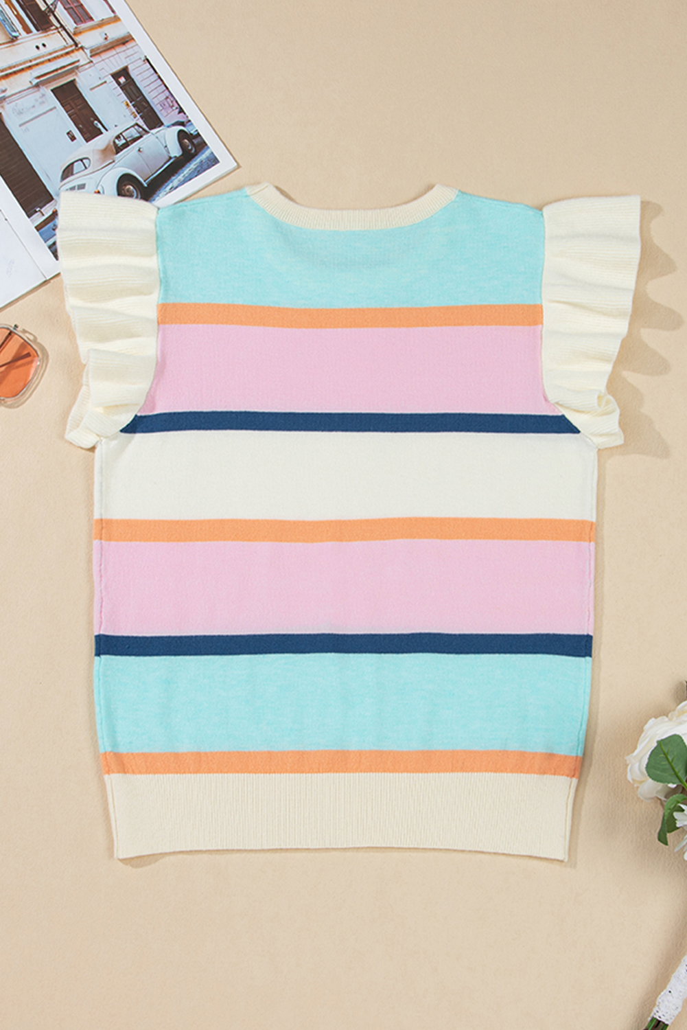 Women's Multicolor Striped Color Block Flutter Sleeve Short Sleeve Sweater Top - Detail View 9 Women's Multicolor Striped Color Block Flutter Sleeve Short Sleeve Sweater Top - Detail View 9