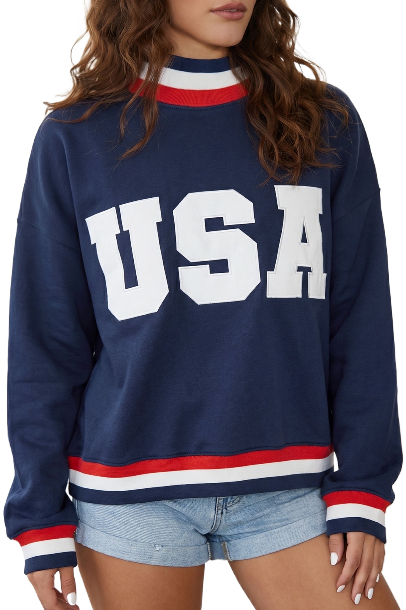 Women's USA Slogan Sweatshirt, Casual Fall Pullover - Main View Women's USA Slogan Sweatshirt, Casual Fall Pullover - Main View