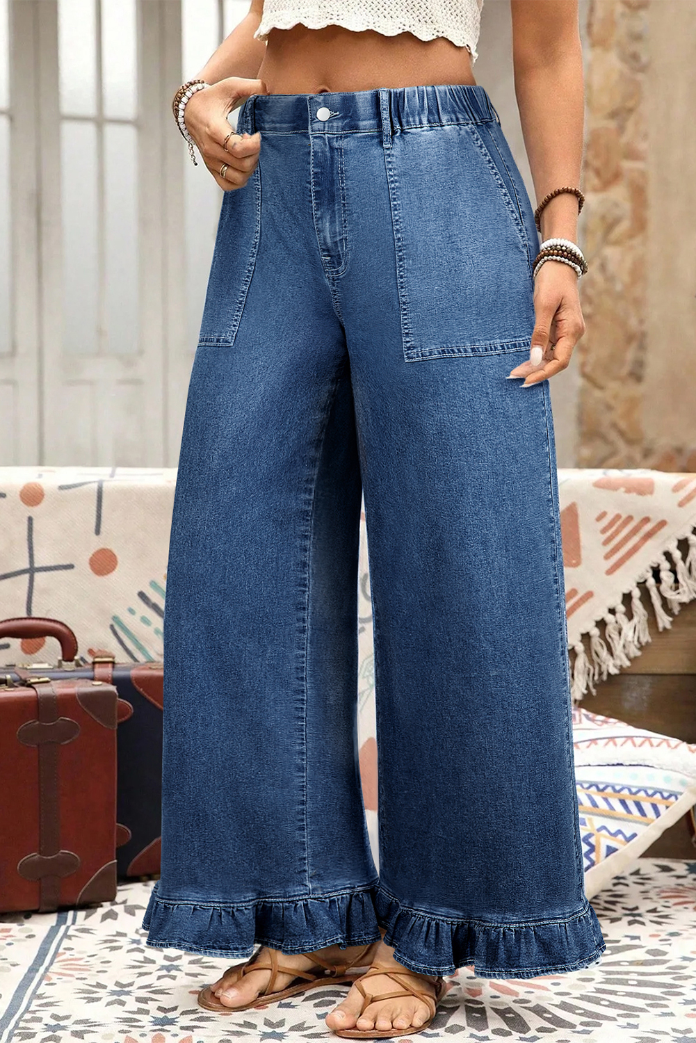 Chic Plus Size Ruffled Wide Leg Denim Pants in Sail Blue – Perfect for Daily Wear - Detail View 8 Chic Plus Size Ruffled Wide Leg Denim Pants in Sail Blue – Perfect for Daily Wear - Detail View 8