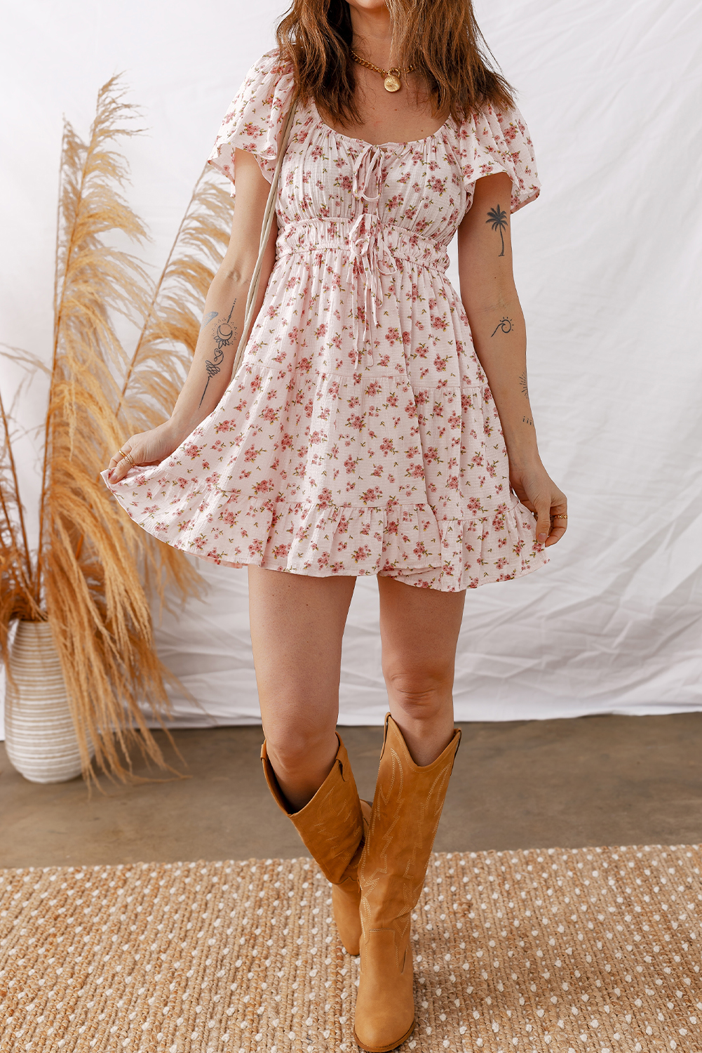 Casual Pink Floral Mini Dress for Women – Perfect for Daily Wear & Outdoor Fun - Detail View 14 Casual Pink Floral Mini Dress for Women – Perfect for Daily Wear & Outdoor Fun - Detail View 14
