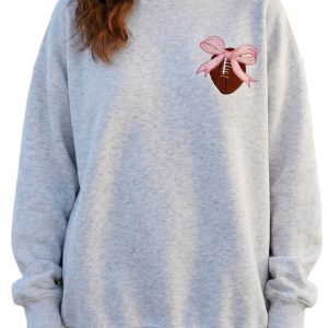 Women's Football Sweatshirt, Light Grey Embroidered Bow Top - Main View