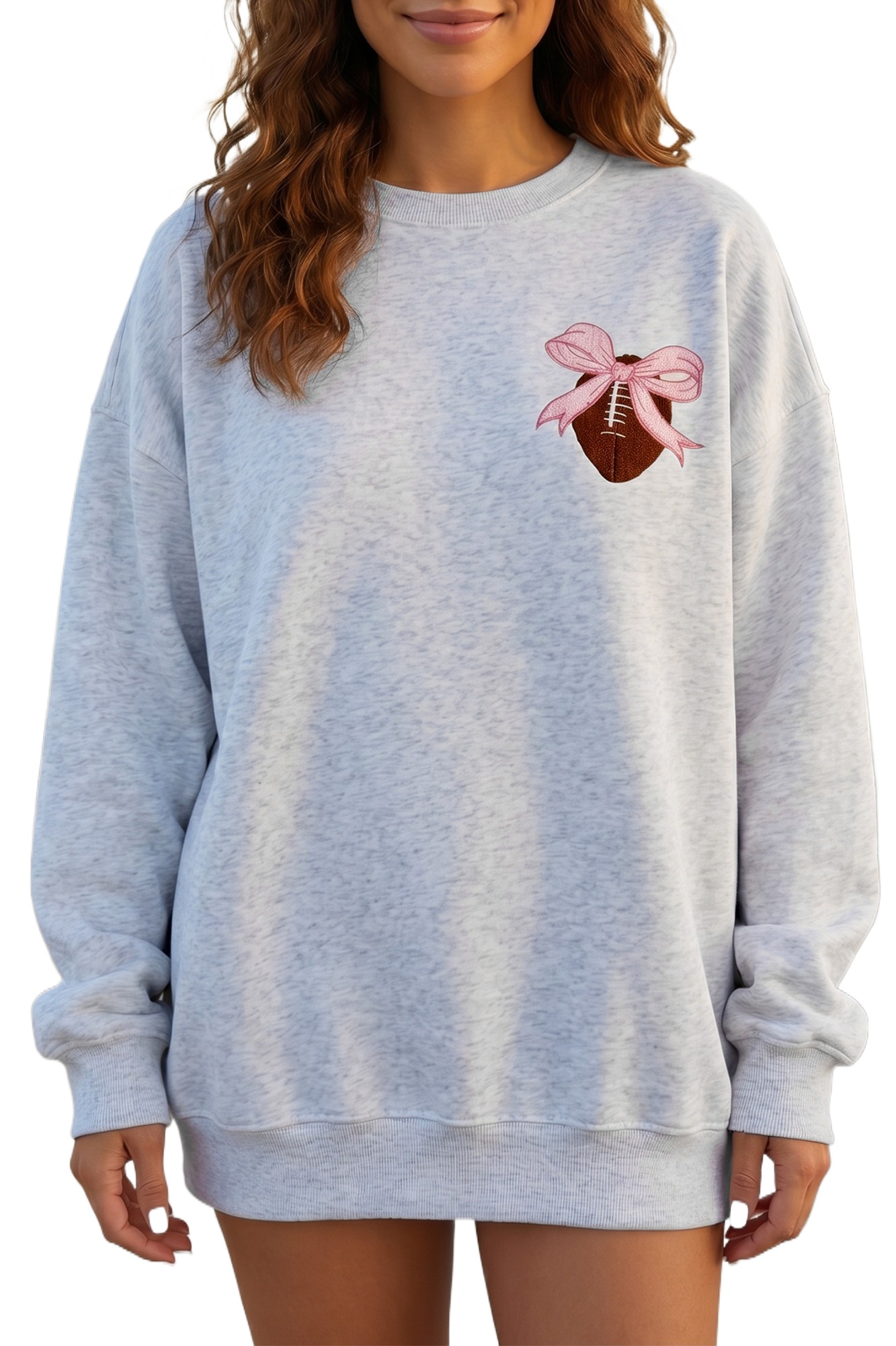Women's Football Sweatshirt, Light Grey Embroidered Bow Top - Main View Women's Football Sweatshirt, Light Grey Embroidered Bow Top - Main View