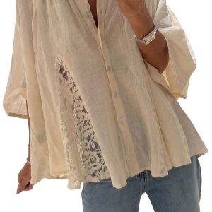 Women's Bohemian Lace Shirt, Oatmeal Loose Bracelet Sleeve - Main View