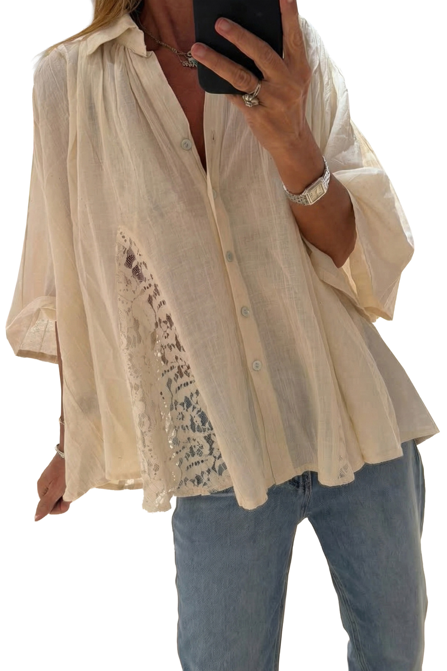 Women's Bohemian Lace Shirt, Oatmeal Loose Bracelet Sleeve - Main View Women's Bohemian Lace Shirt, Oatmeal Loose Bracelet Sleeve - Main View