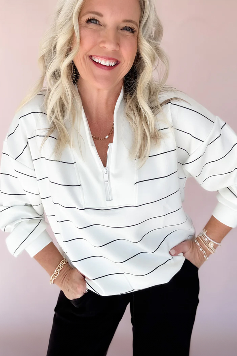 Women's White Zip V Neck Casual Stripe Print Drop Shoulder Long Sleeve Top - Detail View 5 Women's White Zip V Neck Casual Stripe Print Drop Shoulder Long Sleeve Top - Detail View 5