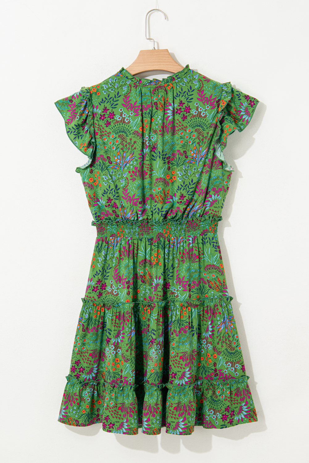 Women's Vibrant Green Floral Tie Split Neck Ruffled Tiered Short Dress - Detail View 9 Women's Vibrant Green Floral Tie Split Neck Ruffled Tiered Short Dress - Detail View 9
