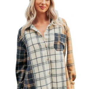 Women's Plaid Button Up Shacket, Casual Long Sleeve Shirt - Main View