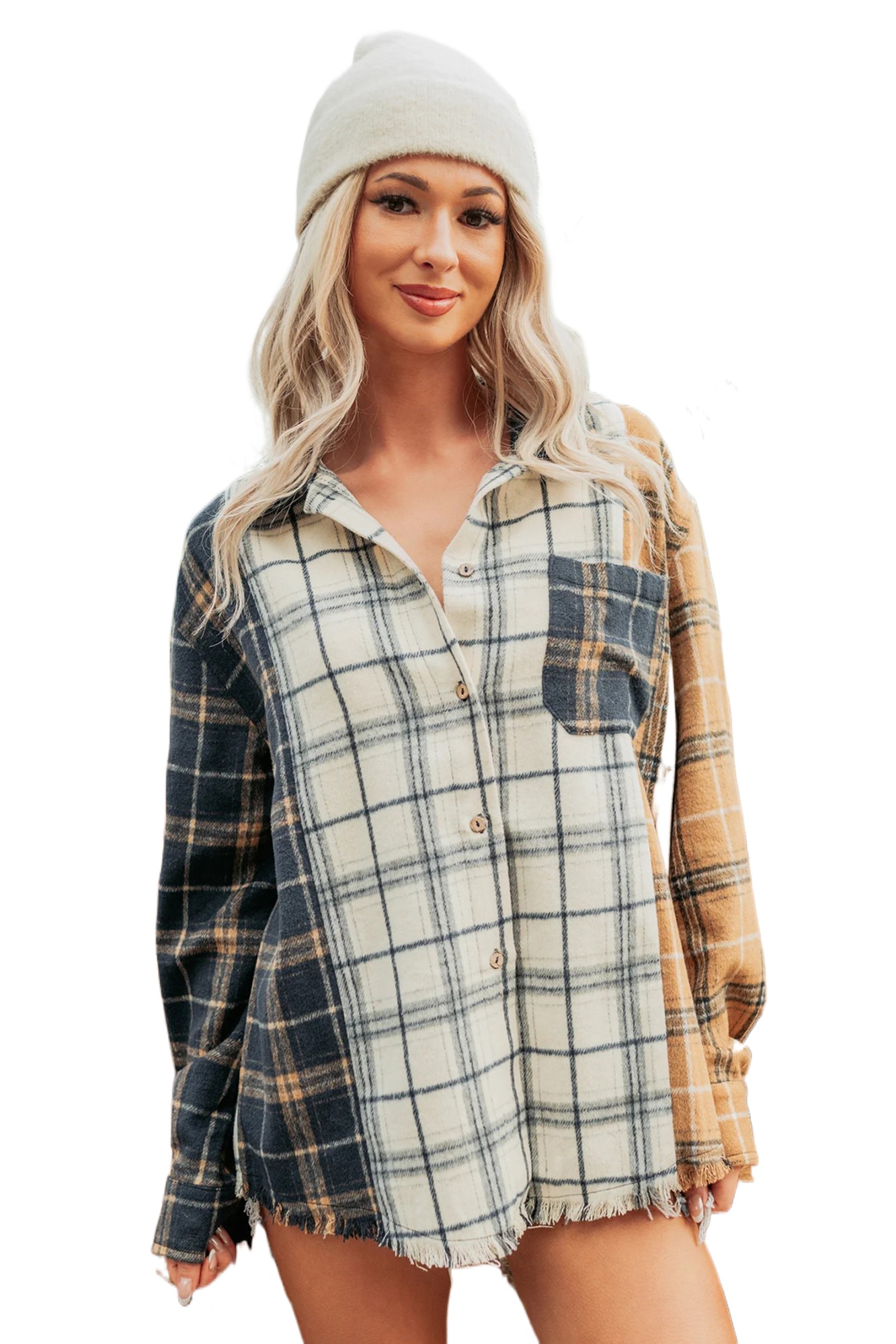 Women's Plaid Button Up Shacket, Casual Long Sleeve Shirt - Main View Women's Plaid Button Up Shacket, Casual Long Sleeve Shirt - Main View