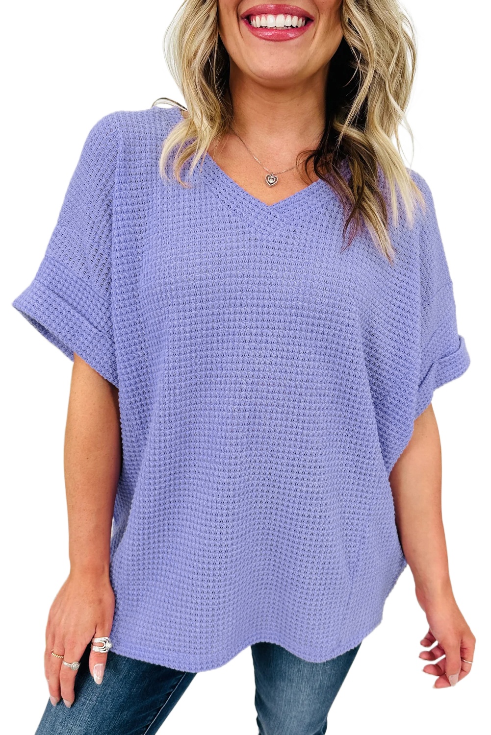 Wisteria V Neck Short Sleeve Knit Top for Women – Casual Summer Essential - Main View Wisteria V Neck Short Sleeve Knit Top for Women – Casual Summer Essential - Main View
