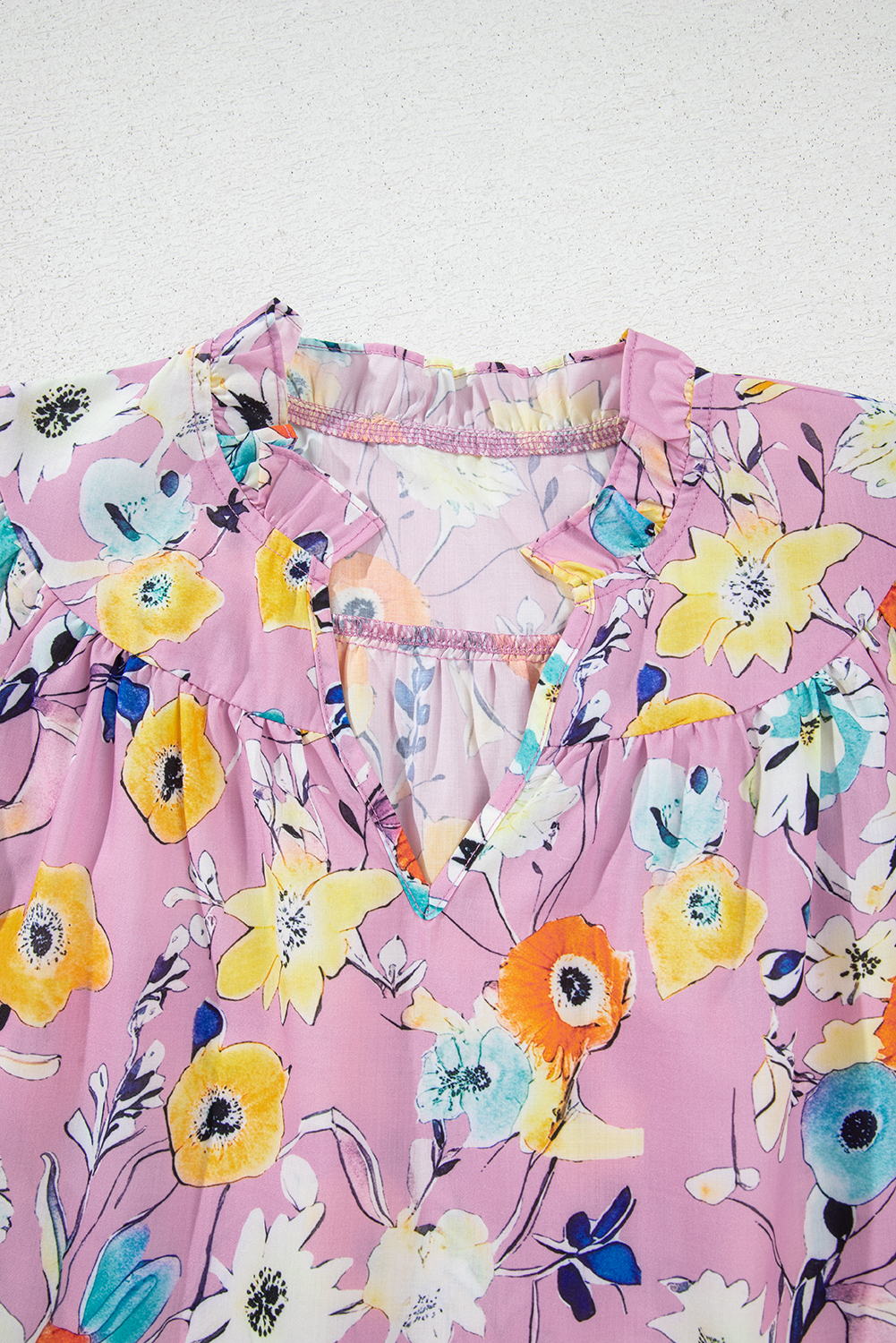 Women's Top, Pink Floral, V Neck, Flutter Sleeve, Summer Fashion, Daily Wear, Elegant Blouse, Shift Silhouette, Spring Style, Ruffle Details, Country Style, Casual Top - Detail View 8 Women's Top, Pink Floral, V Neck, Flutter Sleeve, Summer Fashion, Daily Wear, Elegant Blouse, Shift Silhouette, Spring Style, Ruffle Details, Country Style, Casual Top - Detail View 8