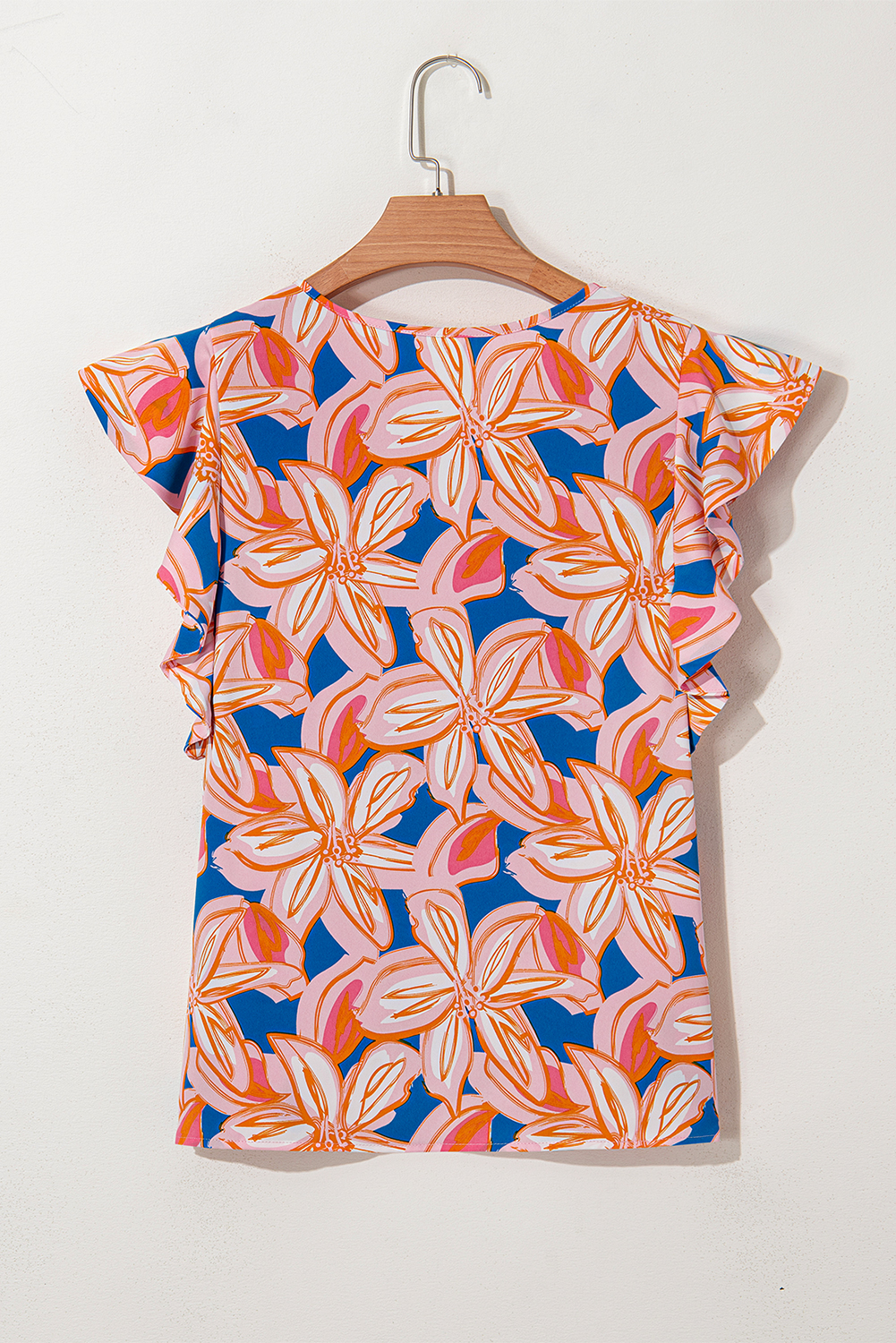 Stylish Short Sleeve Ruffle Blouse in Vibrant Orange Floral Print - Detail View 11 Stylish Short Sleeve Ruffle Blouse in Vibrant Orange Floral Print - Detail View 11