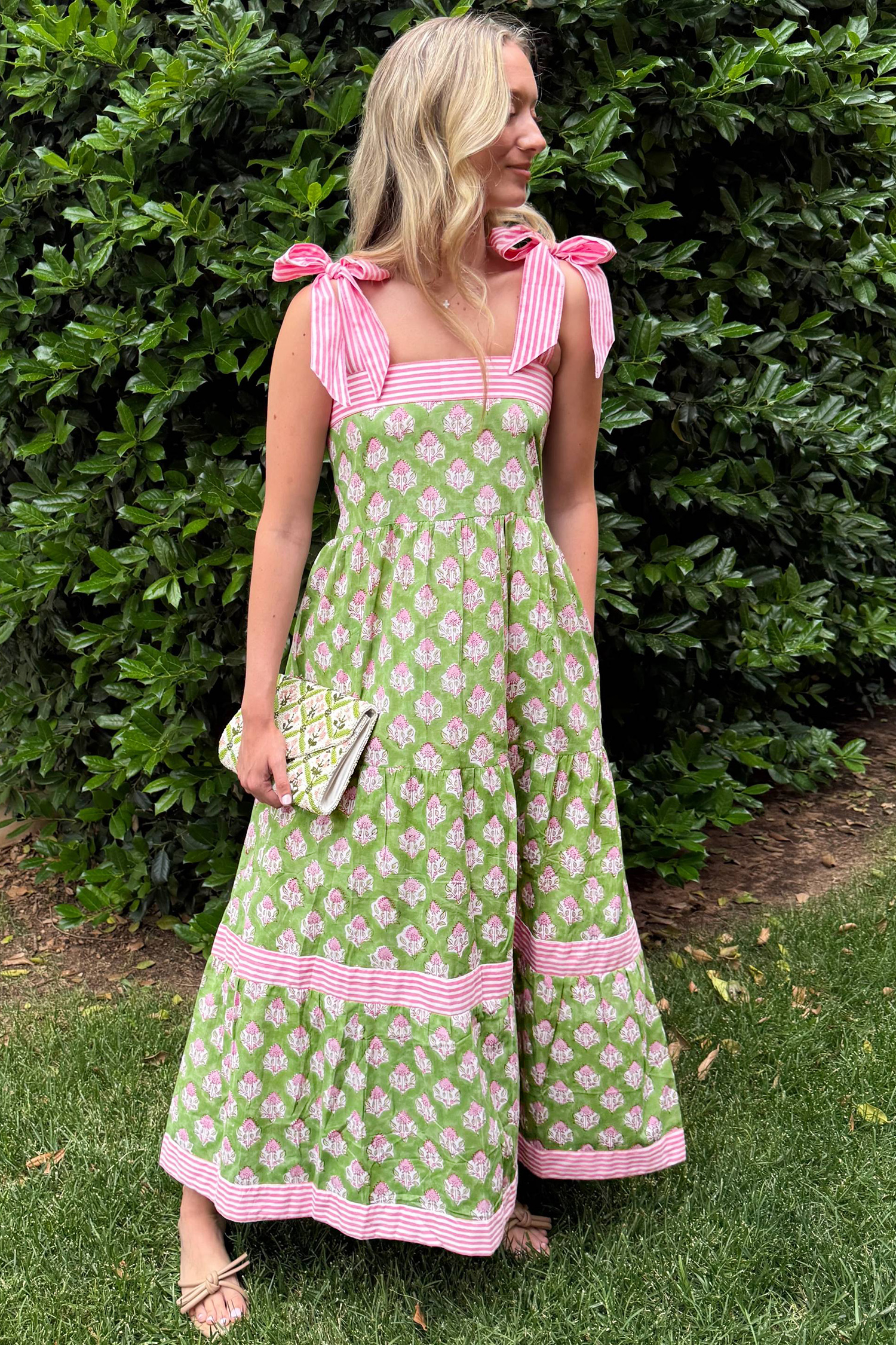 Casual Summer Maxi Dress for Women – Floral Patchwork Shift Dress with Striped Knot Detail - Detail View 5 Casual Summer Maxi Dress for Women – Floral Patchwork Shift Dress with Striped Knot Detail - Detail View 5