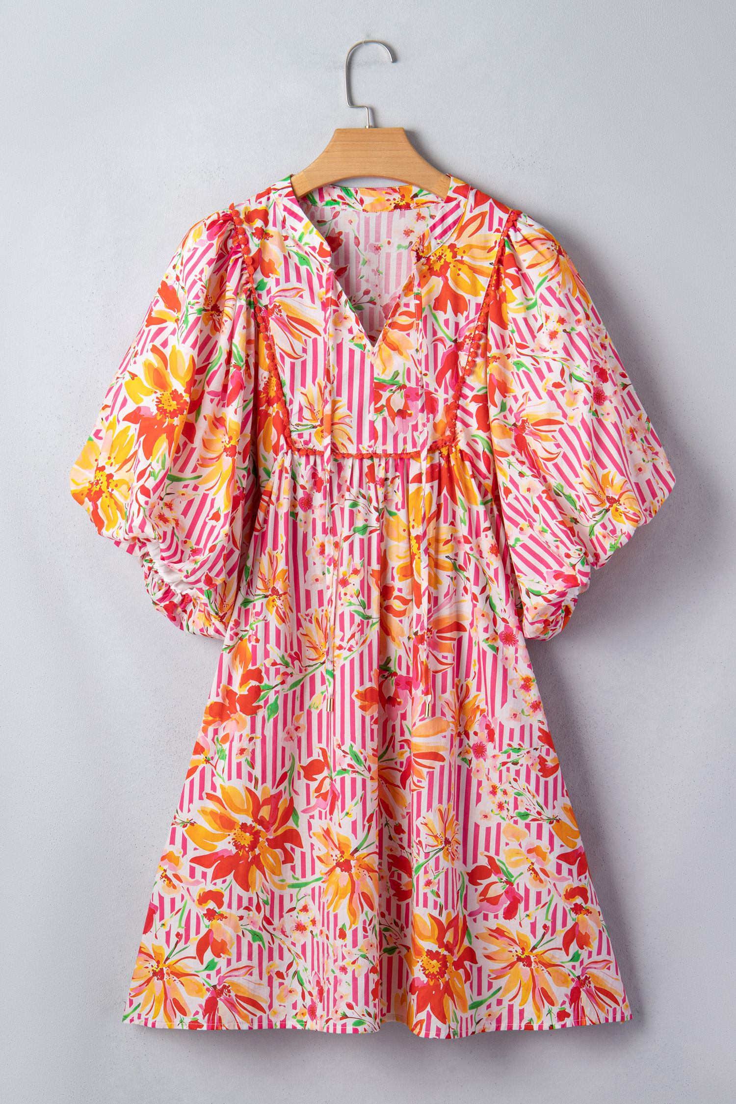 Southern Belle Pink Floral Stripe Dress – Women's High Waist Mini with Half Puff Sleeves, Vacation & Daily - Detail View 6 Southern Belle Pink Floral Stripe Dress – Women's High Waist Mini with Half Puff Sleeves, Vacation & Daily - Detail View 6