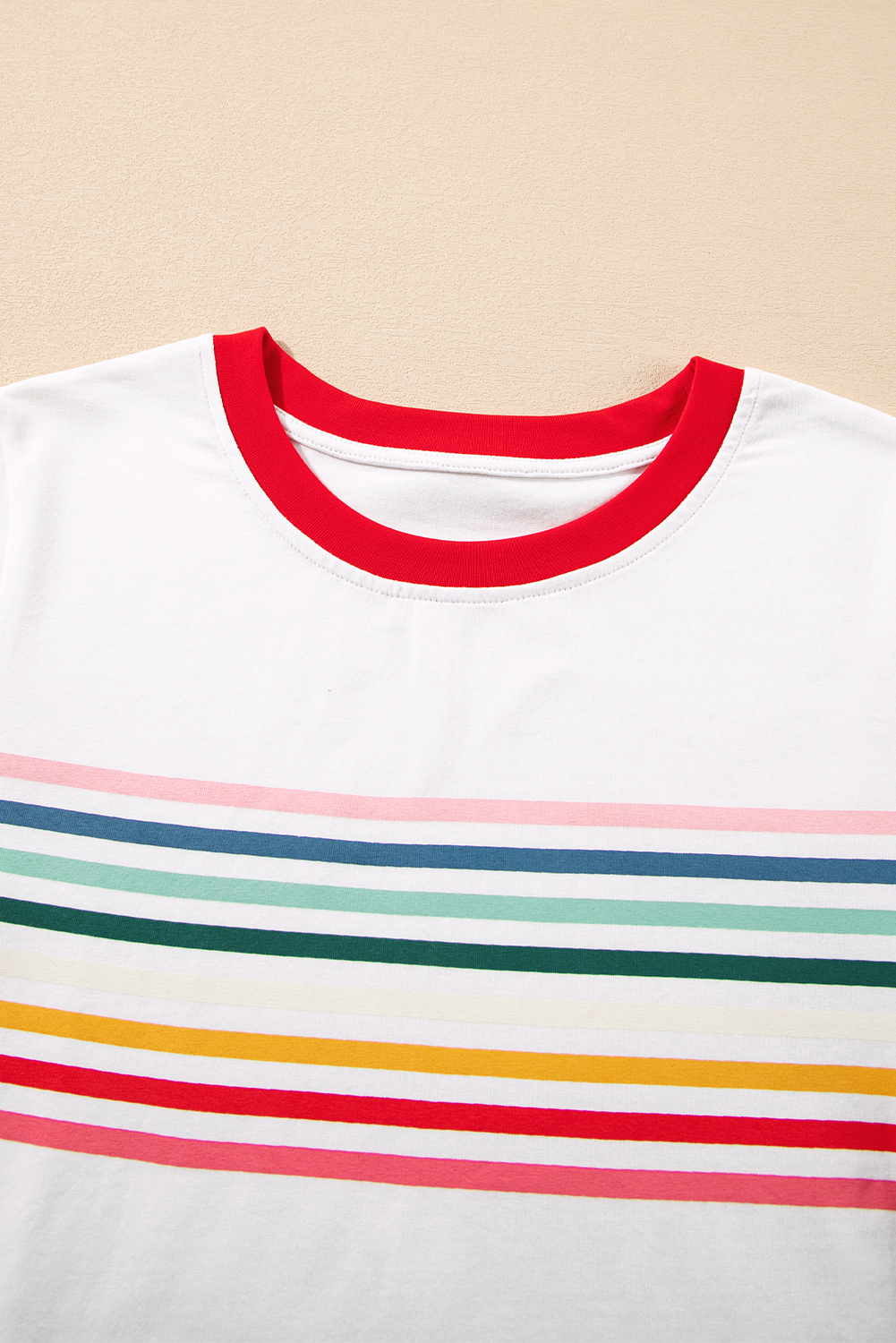 Women's T-Shirt, White Crewneck, Rainbow Stripe Print, Casual Style, Summer Top, Comfortable Fit, Colorblock Effect, Soft Fabric, Short Sleeve, Daily Wear, Stylish Tee, Tops & Tees - Detail View 8 Women's T-Shirt, White Crewneck, Rainbow Stripe Print, Casual Style, Summer Top, Comfortable Fit, Colorblock Effect, Soft Fabric, Short Sleeve, Daily Wear, Stylish Tee, Tops & Tees - Detail View 8