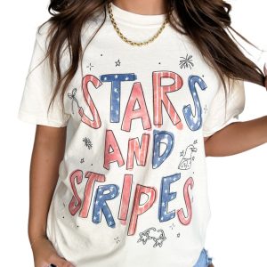 Unisex White STARS AND STRIPES Crew Neck Graphic Tee - Celebrate American Pride - Main View
