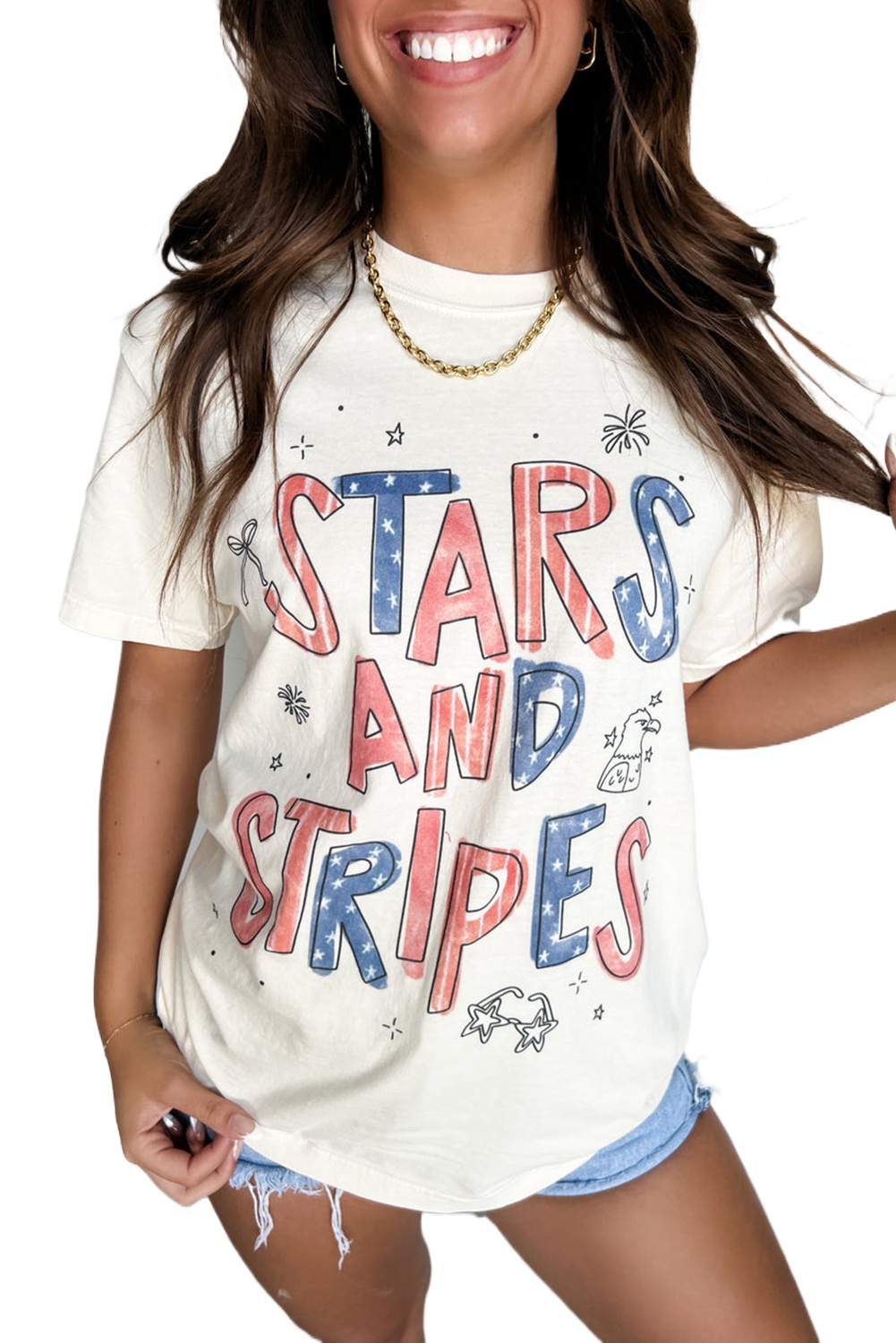Unisex White STARS AND STRIPES Crew Neck Graphic Tee - Celebrate American Pride - Main View Unisex White STARS AND STRIPES Crew Neck Graphic Tee - Celebrate American Pride - Main View