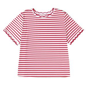 Women's Red Stripe Scalloped Trim Short Sleeve Top – Casual Summer Style for Daily Wear - Main View