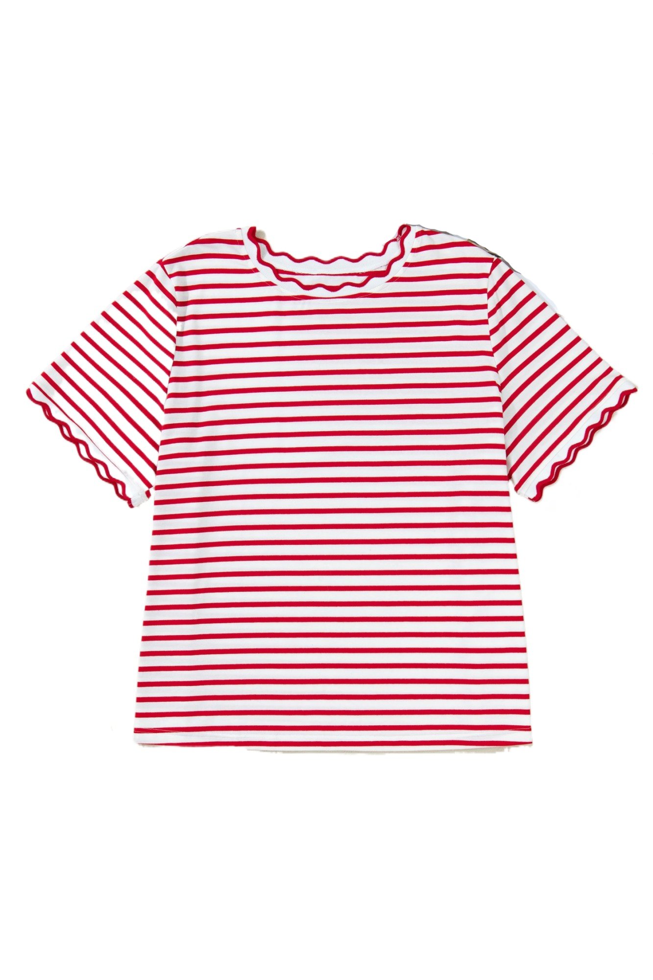Women's Red Stripe Scalloped Trim Short Sleeve Top – Casual Summer Style for Daily Wear - Main View Women's Red Stripe Scalloped Trim Short Sleeve Top – Casual Summer Style for Daily Wear - Main View