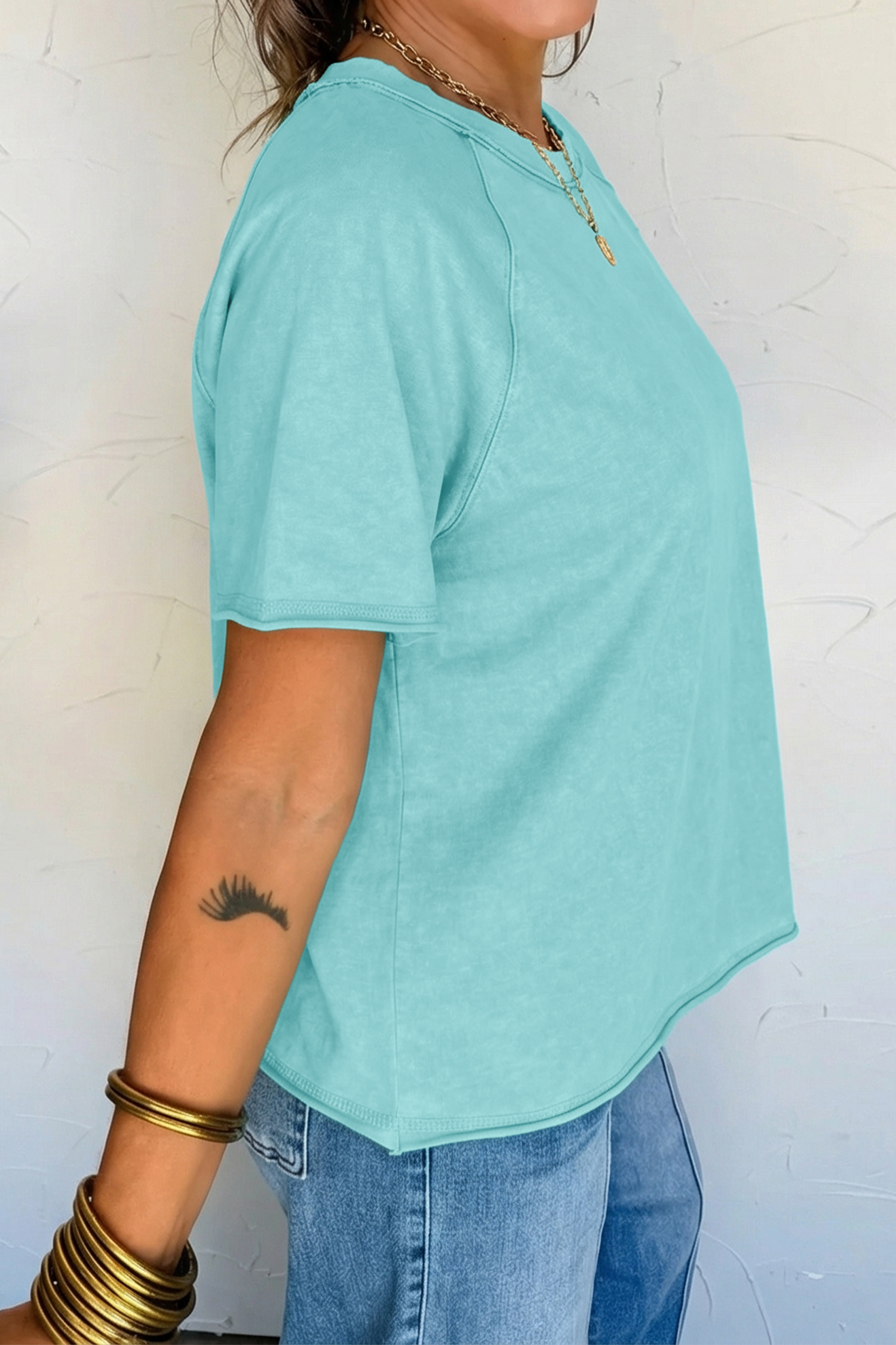 Mint Green Mineral Wash Boxy Cropped Tee for Women – Effortless Casual Style for Summer - Detail View 2 Mint Green Mineral Wash Boxy Cropped Tee for Women – Effortless Casual Style for Summer - Detail View 2