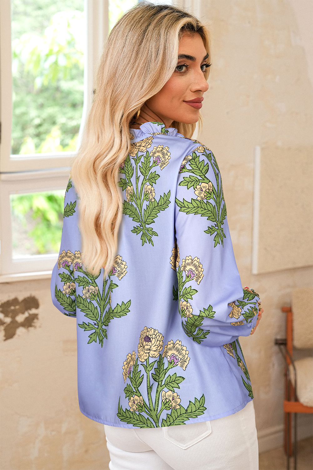 Elegant Sky Blue V Neck Blouse with Floral Print and Long Sleeves for Daily Wear - Detail View 2 Elegant Sky Blue V Neck Blouse with Floral Print and Long Sleeves for Daily Wear - Detail View 2