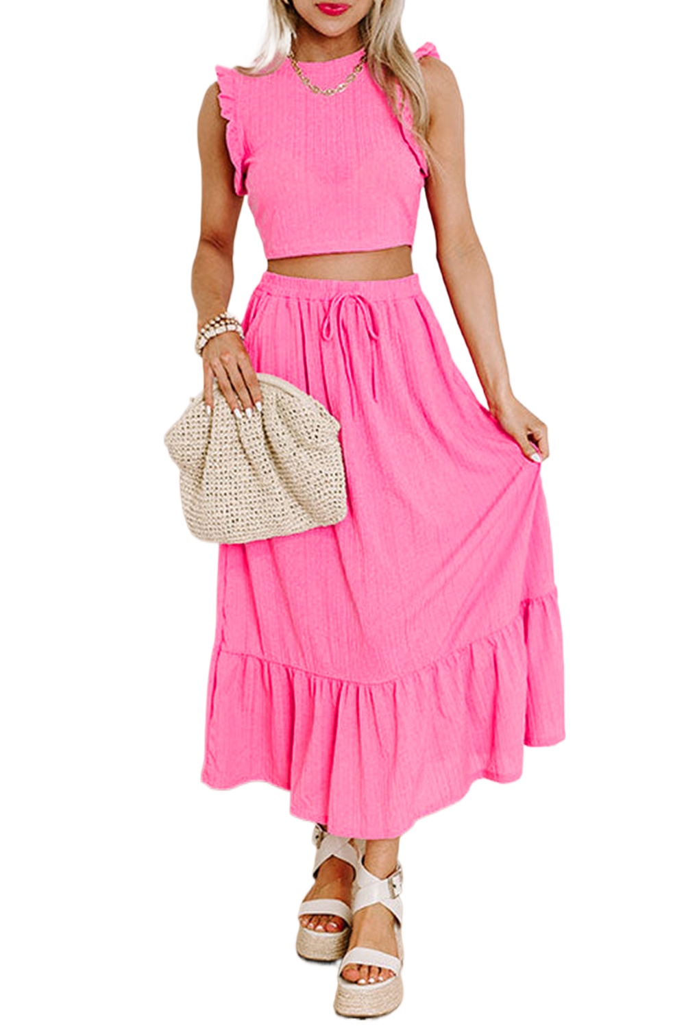 Women's Textured Two Piece Set, Sleeveless Crop Top And Skirt - Main View Women's Textured Two Piece Set, Sleeveless Crop Top And Skirt - Main View