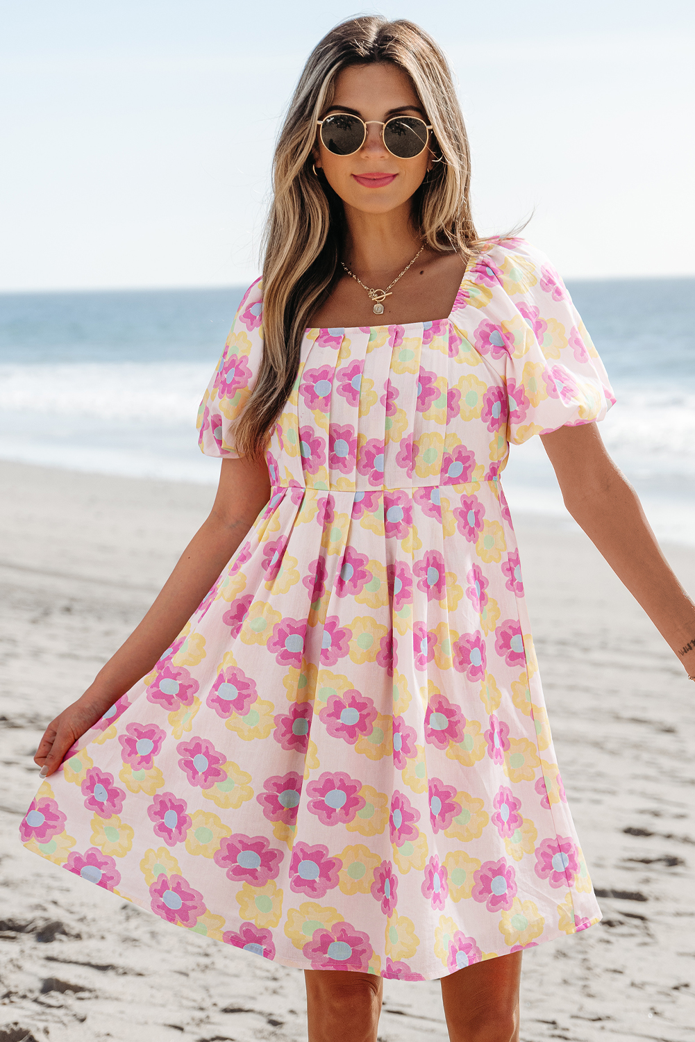 Fashionable Pleated Flared Dress in Vibrant Floral Print - Ideal Summer Outfit for Women - Detail View 11 Fashionable Pleated Flared Dress in Vibrant Floral Print - Ideal Summer Outfit for Women - Detail View 11