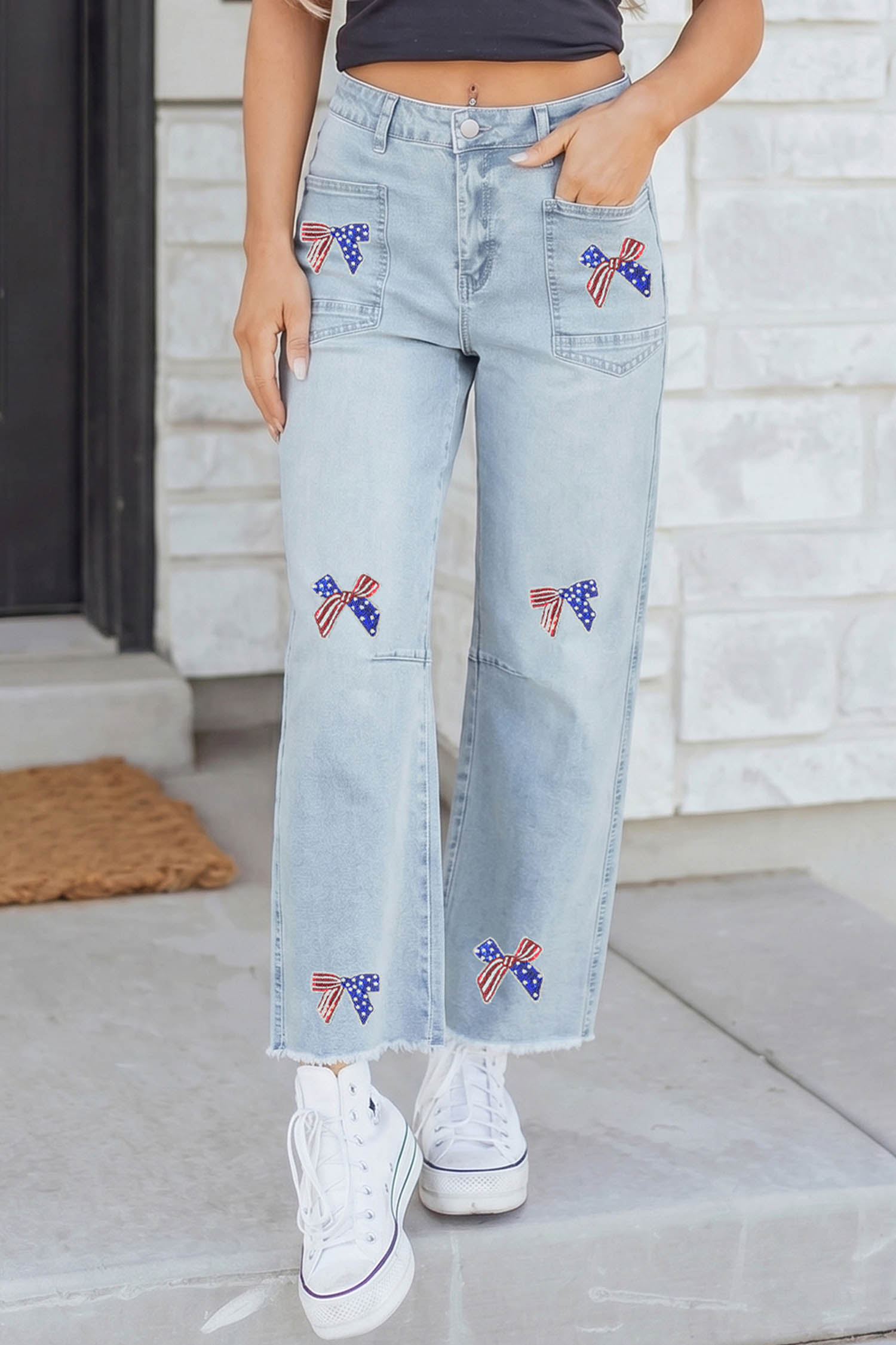 Women's Independence Day Bow Patch Jeans - Sequin Flag Detail High Rise Straight Leg Denim - Detail View 5 Women's Independence Day Bow Patch Jeans - Sequin Flag Detail High Rise Straight Leg Denim - Detail View 5