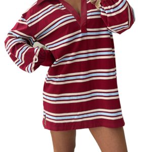 Women's Striped Polo Collar Mini Dress – Retro Long Sleeve Shift - Main View