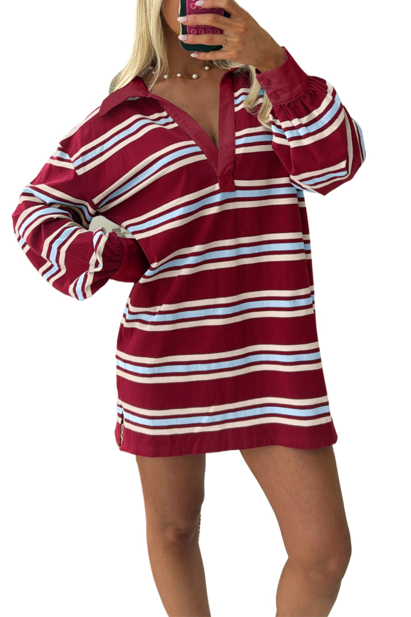 Women's Striped Polo Collar Mini Dress – Retro Long Sleeve Shift - Main View Women's Striped Polo Collar Mini Dress – Retro Long Sleeve Shift - Main View