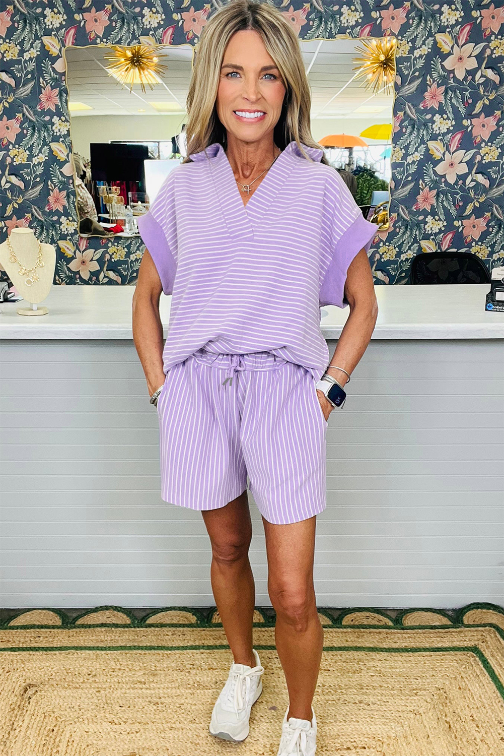 Women's Purple Striped Polo Shirt and Shorts Set – Dolman Sleeve V-Neck Casual Summer Outfit - Detail View 7 Women's Purple Striped Polo Shirt and Shorts Set – Dolman Sleeve V-Neck Casual Summer Outfit - Detail View 7