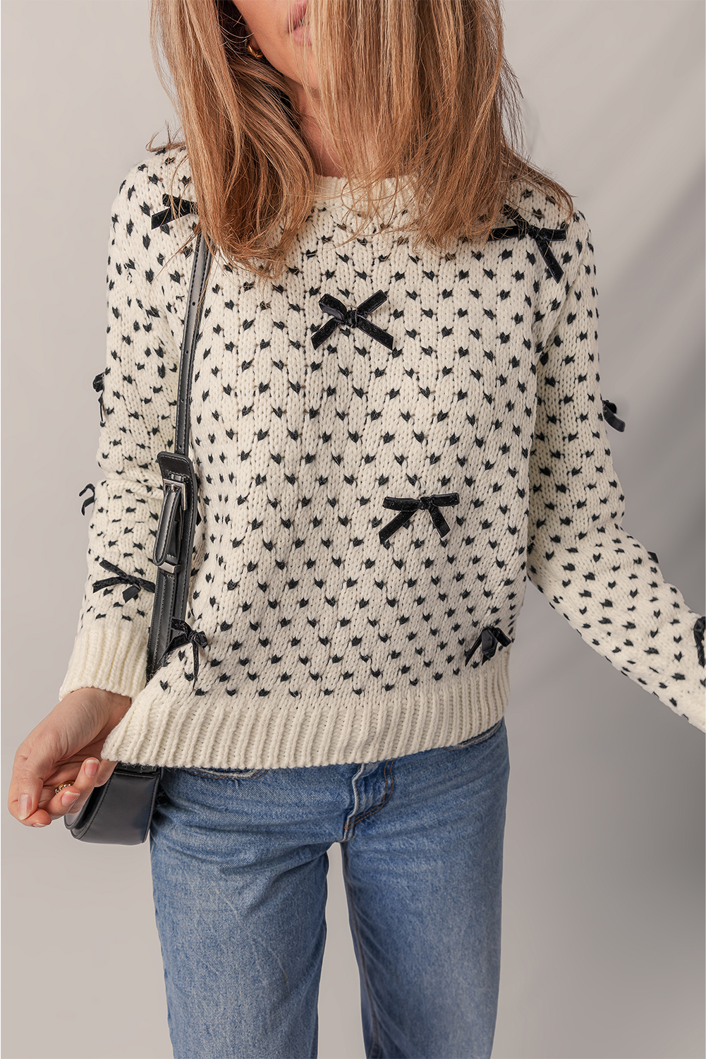 Stylish Long Sleeve Beige Sweater with Bow Detail - Perfect for Fall & Autumn - Detail View 6 Stylish Long Sleeve Beige Sweater with Bow Detail - Perfect for Fall & Autumn - Detail View 6
