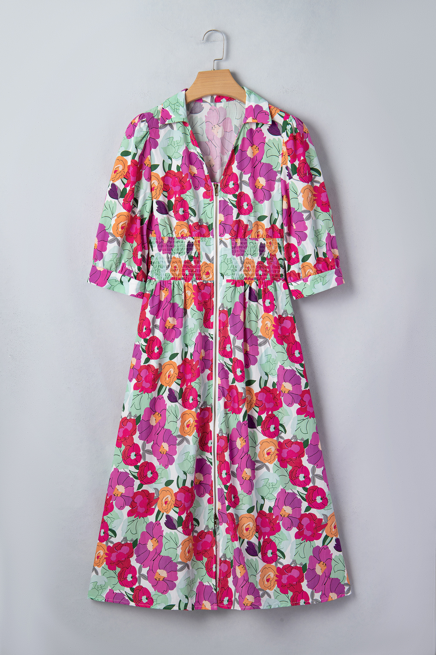 Vibrant Rose Floral Midi Dress – Southern Belle Style Shift Dress with Shirred Waist and Zip Up Detail for Vacation - Detail View 6 Vibrant Rose Floral Midi Dress – Southern Belle Style Shift Dress with Shirred Waist and Zip Up Detail for Vacation - Detail View 6