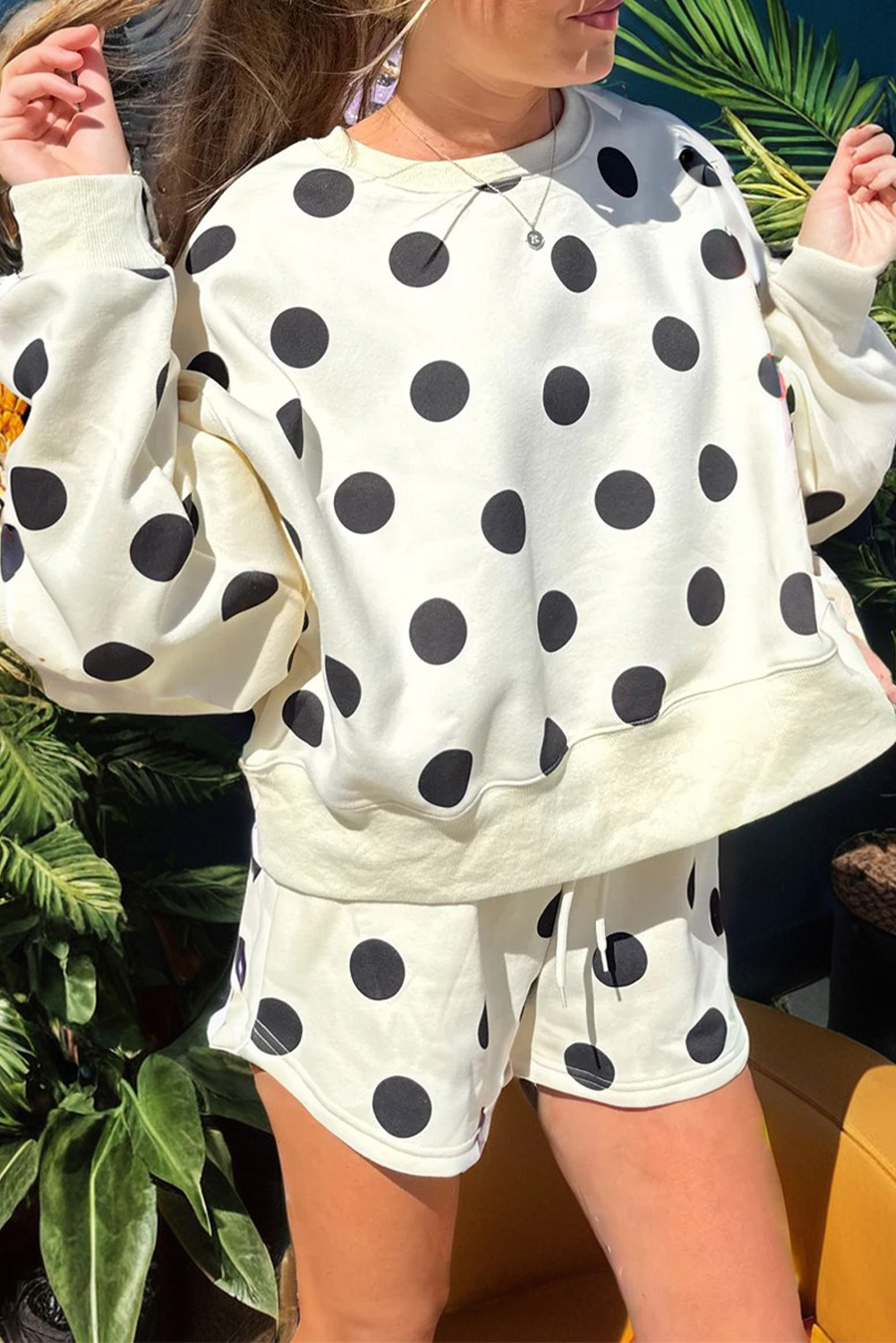 Casual Beige Polka Dot Print Drop Shoulder Set – Ideal for Beach Days and Vacations - Detail View 2 Casual Beige Polka Dot Print Drop Shoulder Set – Ideal for Beach Days and Vacations - Detail View 2