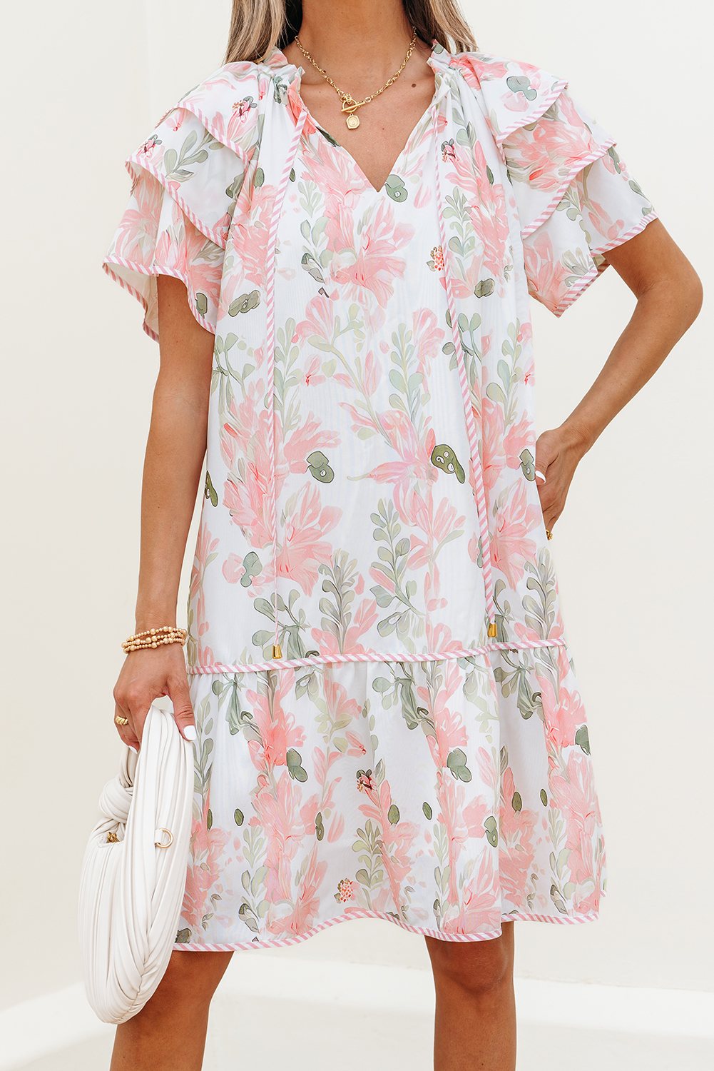 Pink Floral Summer Dress, V Neck Tiered Casual Mini Outfit - Detail View 5 Pink Floral Summer Dress, V Neck Tiered Casual Mini Outfit - Detail View 5