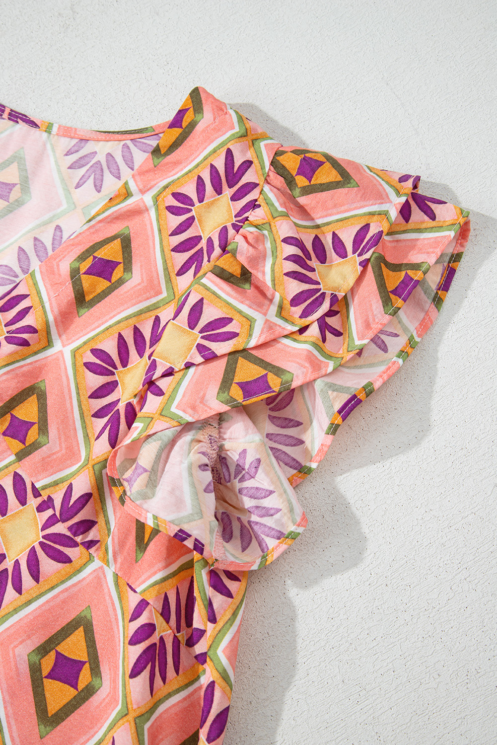 Women's Orange Geometric Floral V Neck Mini Dress with Ruffled Sleeves - Detail View 17 Women's Orange Geometric Floral V Neck Mini Dress with Ruffled Sleeves - Detail View 17