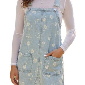 Women's Floral Denim Overall Dress, Retro Sky Blue Mini - Main View