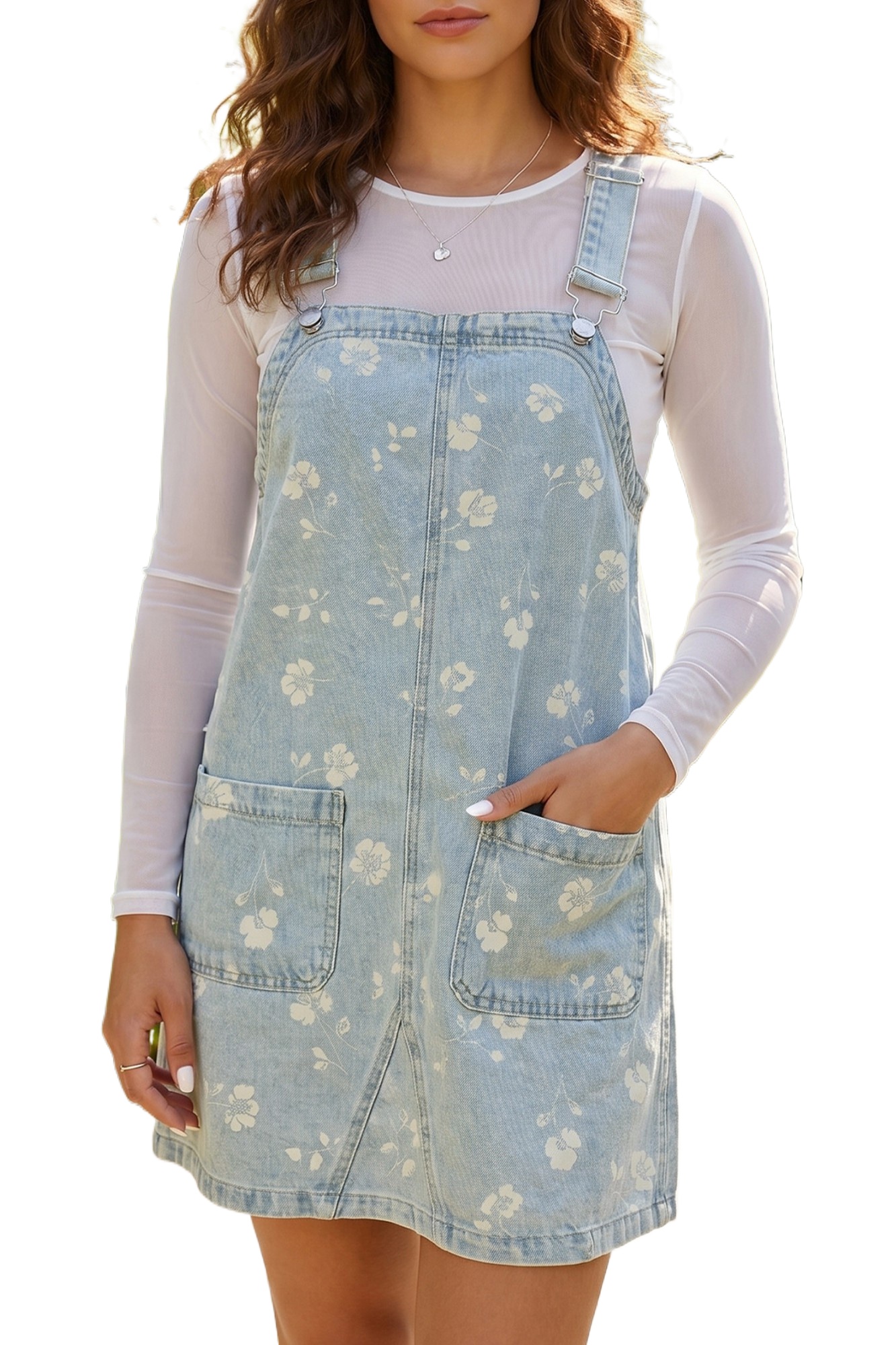 Women's Floral Denim Overall Dress, Retro Sky Blue Mini - Main View Women's Floral Denim Overall Dress, Retro Sky Blue Mini - Main View