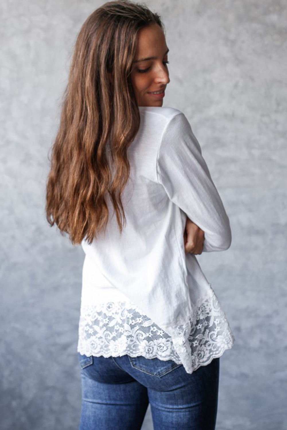 Casual Southern Belle White Patchwork Lace Top with Cuffed Sleeves - Detail View 2 Casual Southern Belle White Patchwork Lace Top with Cuffed Sleeves - Detail View 2