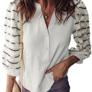 Women's White Button Placket Rib Knit Top – Casual 3/4 Striped Sleeve Patchwork Style - Main View