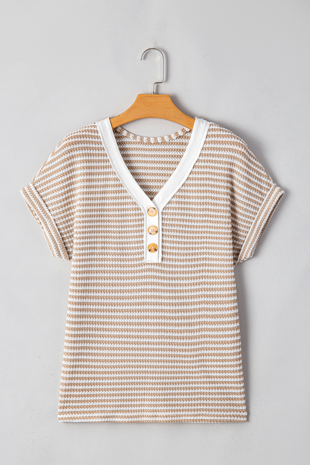 Women's T-Shirt, Khaki Stripe, V Neck, Buttoned Front, Casual Style, Soft Knitted Material, Daily Wear, Striped Pattern, Summer Fashion, Comfortable Fit, Quality Fabric, Tops, Tops & Tees - Detail View 16 Women's T-Shirt, Khaki Stripe, V Neck, Buttoned Front, Casual Style, Soft Knitted Material, Daily Wear, Striped Pattern, Summer Fashion, Comfortable Fit, Quality Fabric, Tops, Tops & Tees - Detail View 16