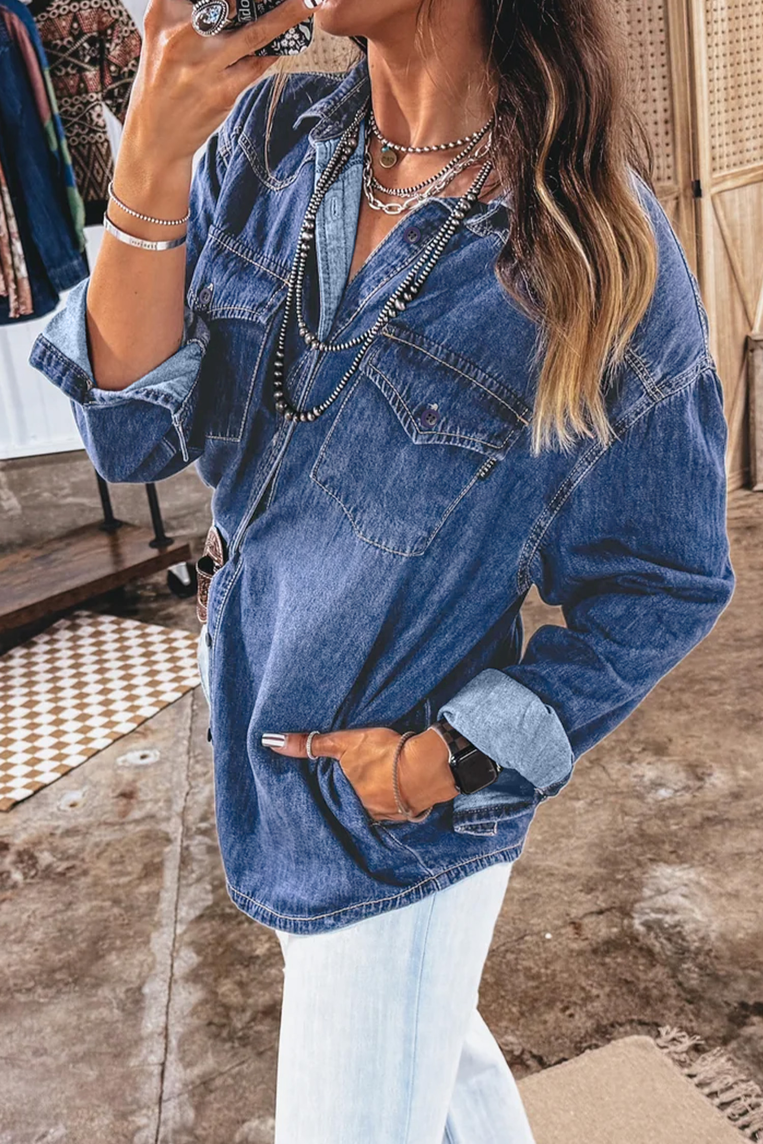 Women's Denim Utility Shirt, Button Down Western Fall Outfit - Detail View 3 Women's Denim Utility Shirt, Button Down Western Fall Outfit - Detail View 3