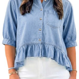 Women's Beau Blue Half Sleeve Chambray Shirt – Casual Ruffled High Low Design for Daily Wear - Main View
