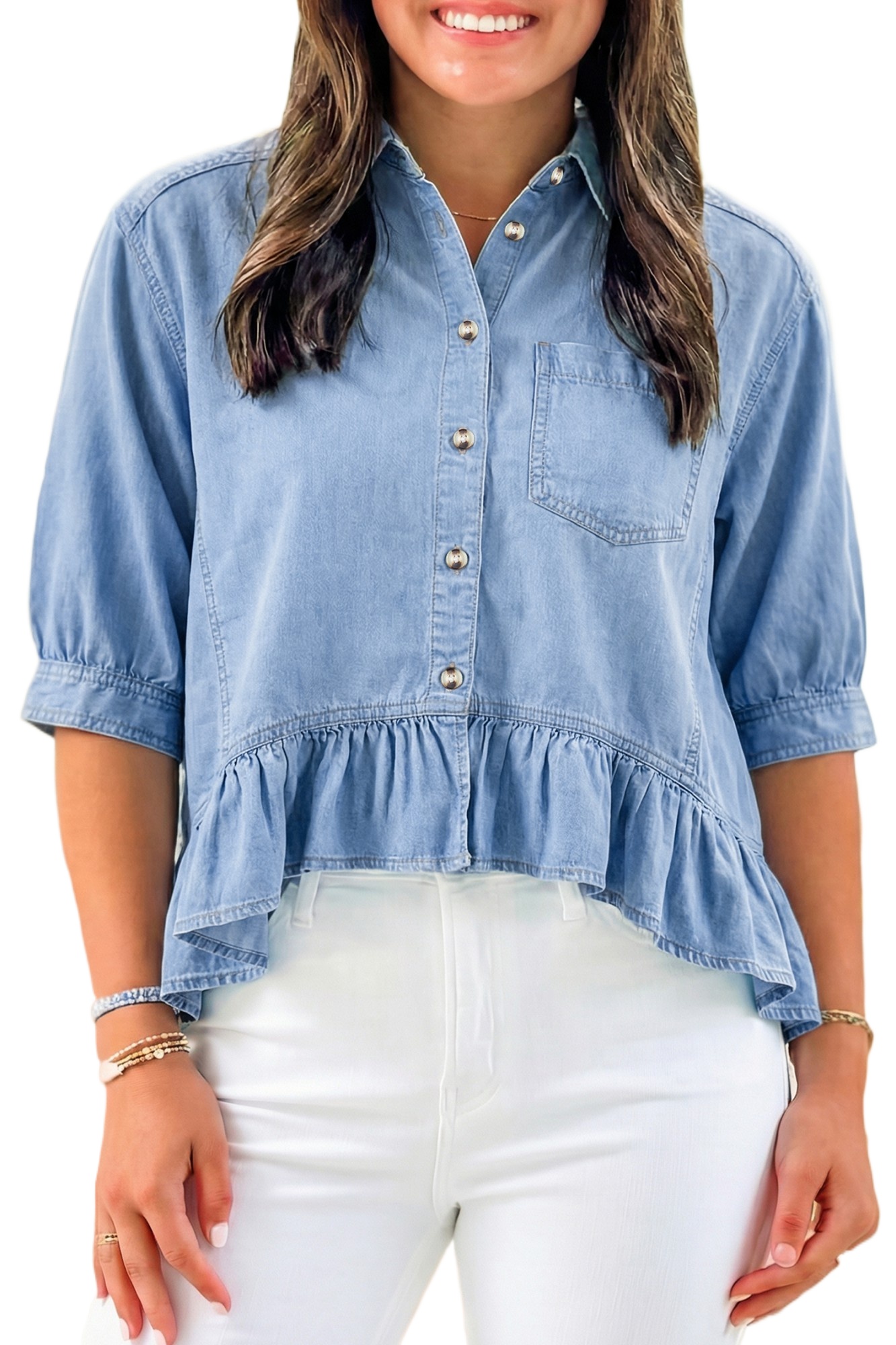 Women's Beau Blue Half Sleeve Chambray Shirt – Casual Ruffled High Low Design for Daily Wear - Main View Women's Beau Blue Half Sleeve Chambray Shirt – Casual Ruffled High Low Design for Daily Wear - Main View